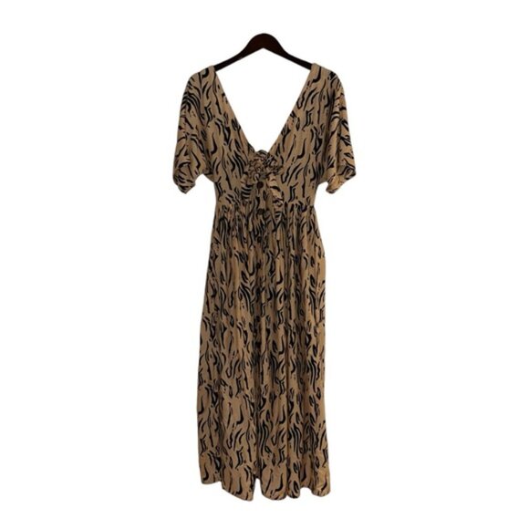 ASOS Maxi Dress Women’s Size 4 US Tan Beige Black Animal Print Knot Front V-Neck - Picture 2 of 12